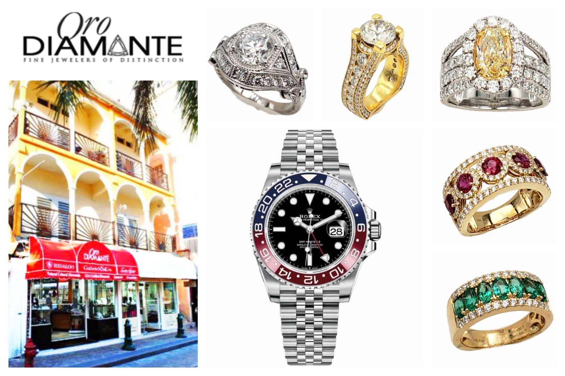 ORO Diamante - Location Front Street, Philipsburg, St. Maarten, Fine Jeweler of distrinction - Perfect Cut Diamonds - Custom made Jewelry - Largest pre-owned Rolex & Brand Watch collection. 