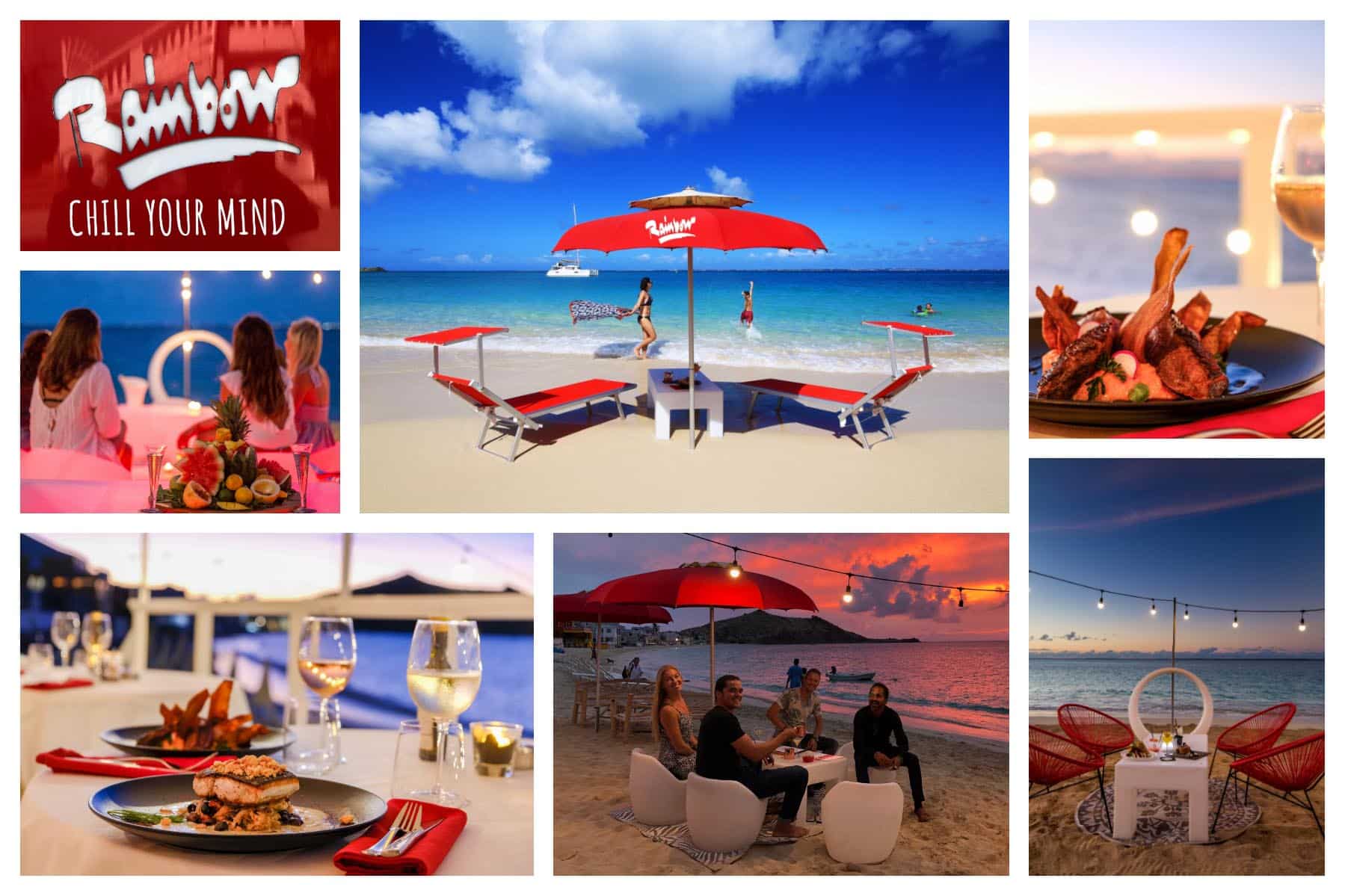 Rainbow Café Experience - Grand Case Beach, St. Martin - Chic Beach Cafe, Restaurant, Lunch, Dinner, Bar, Lounge, Bueach chairs - Great for day and Night! 