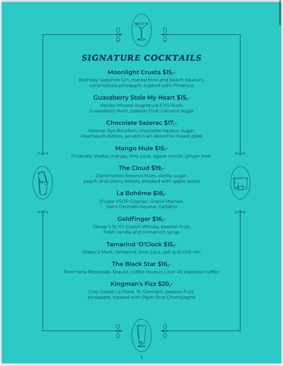 Kingsman Menu Signature Cocktails