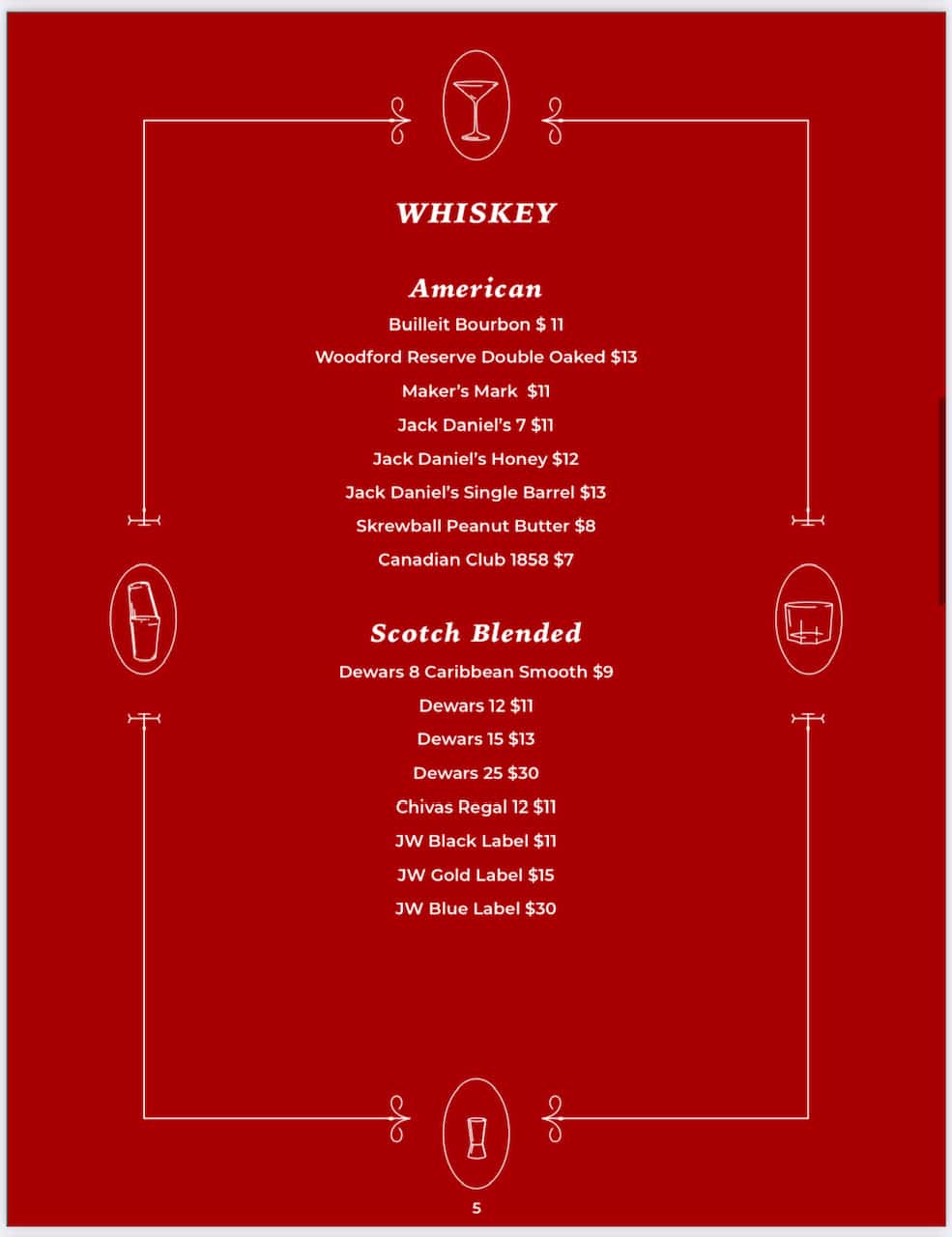 Kingsman Menu - Whiskeys