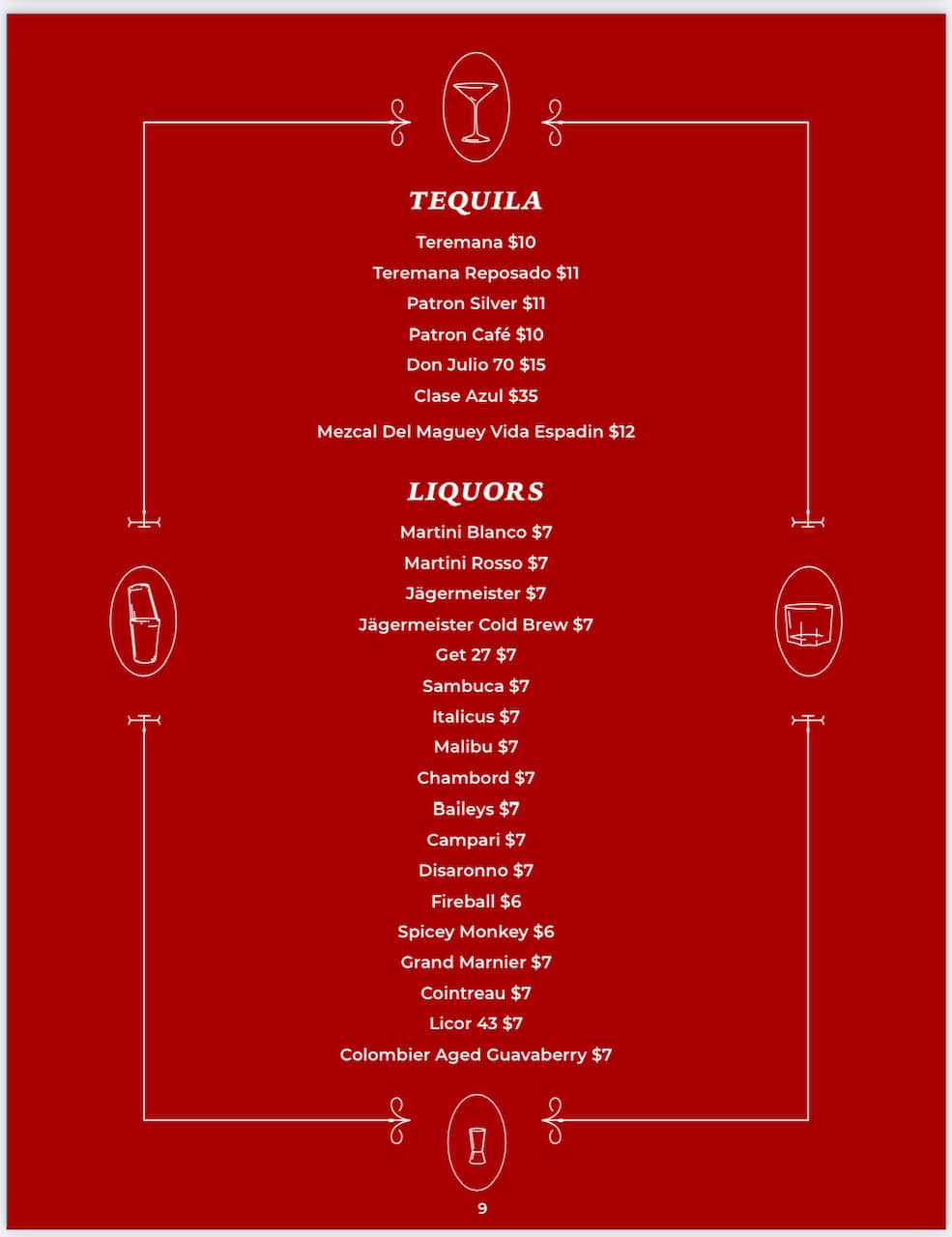 Kingsman Menu - Tequila & Liquors