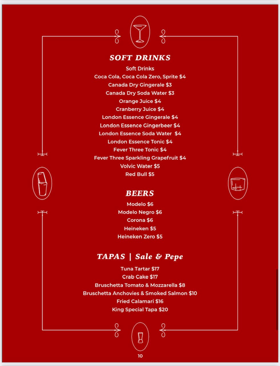 Kingsman Menu - Soft Drinks, Beers & Tapas