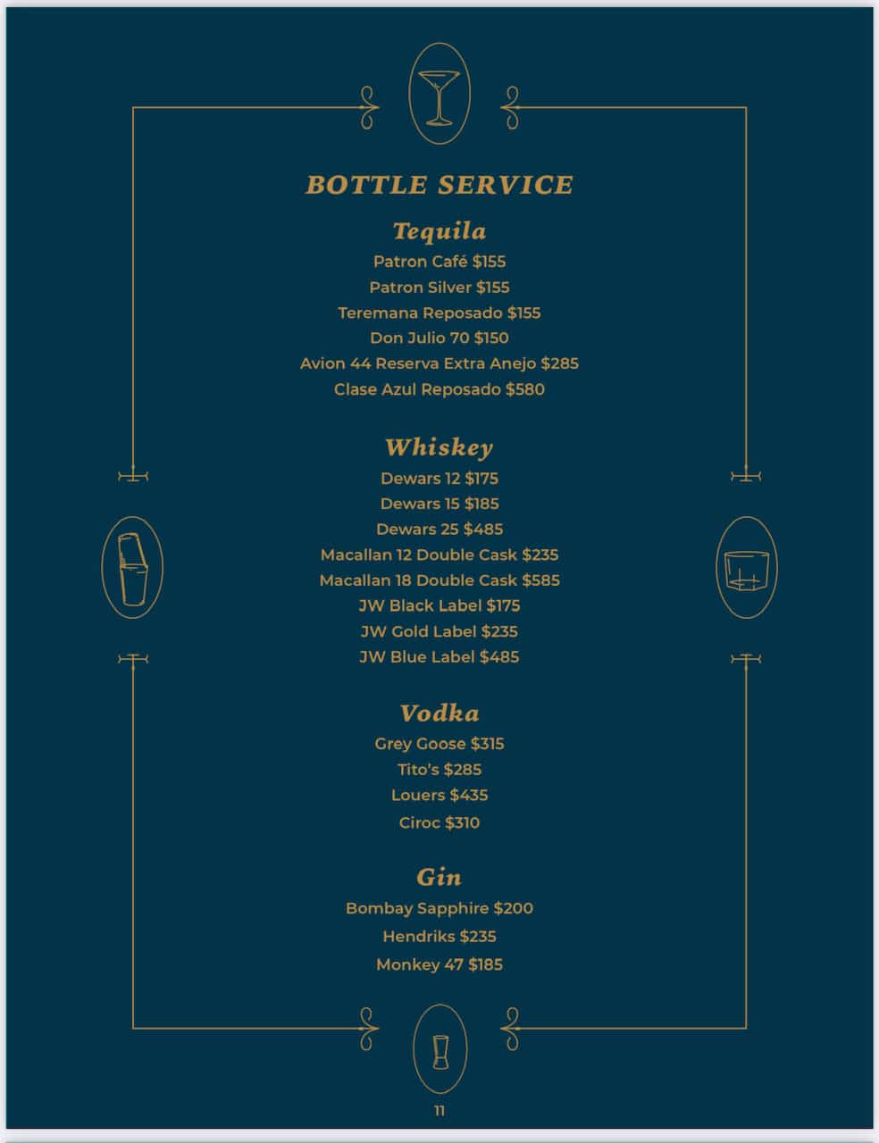 Kingsman Menu - Bottle Service