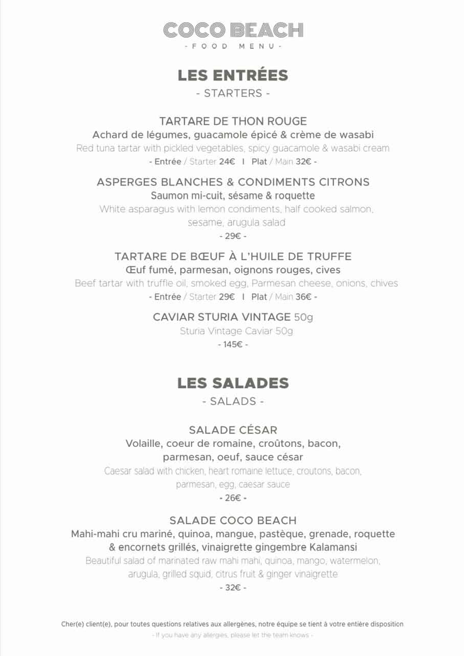 Starters and Salads at Coco Beach - Menu 2023