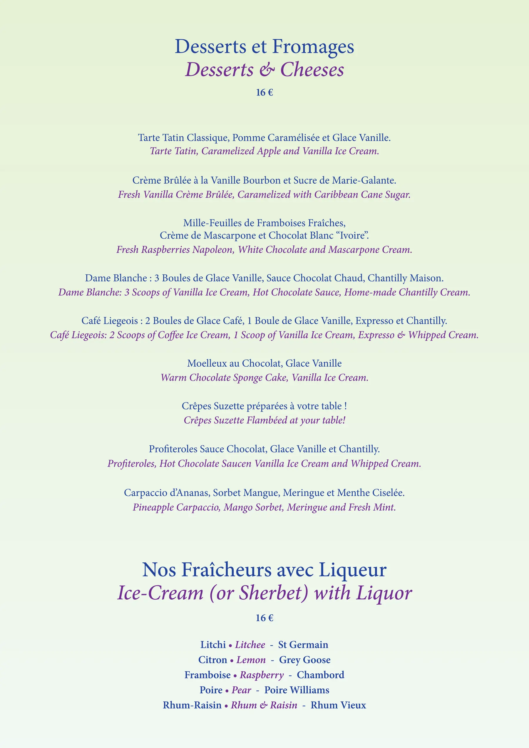 L'Astrolabe Menu - Desserts & Cheeses