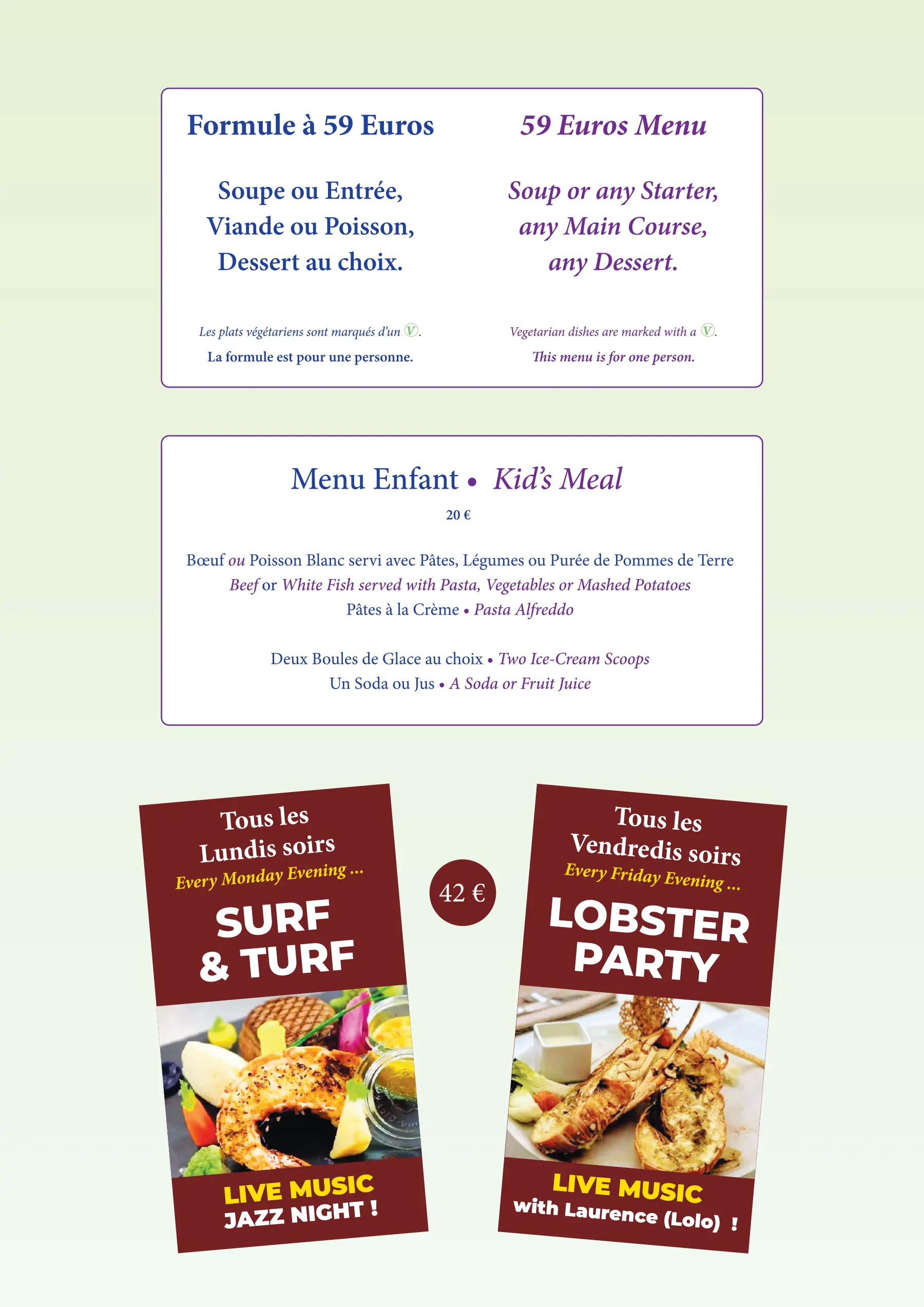 L'Astrolabe Menu - Menu Special for €59, Surf and Turf or Lobster Party at €42 per person, Kids Menu