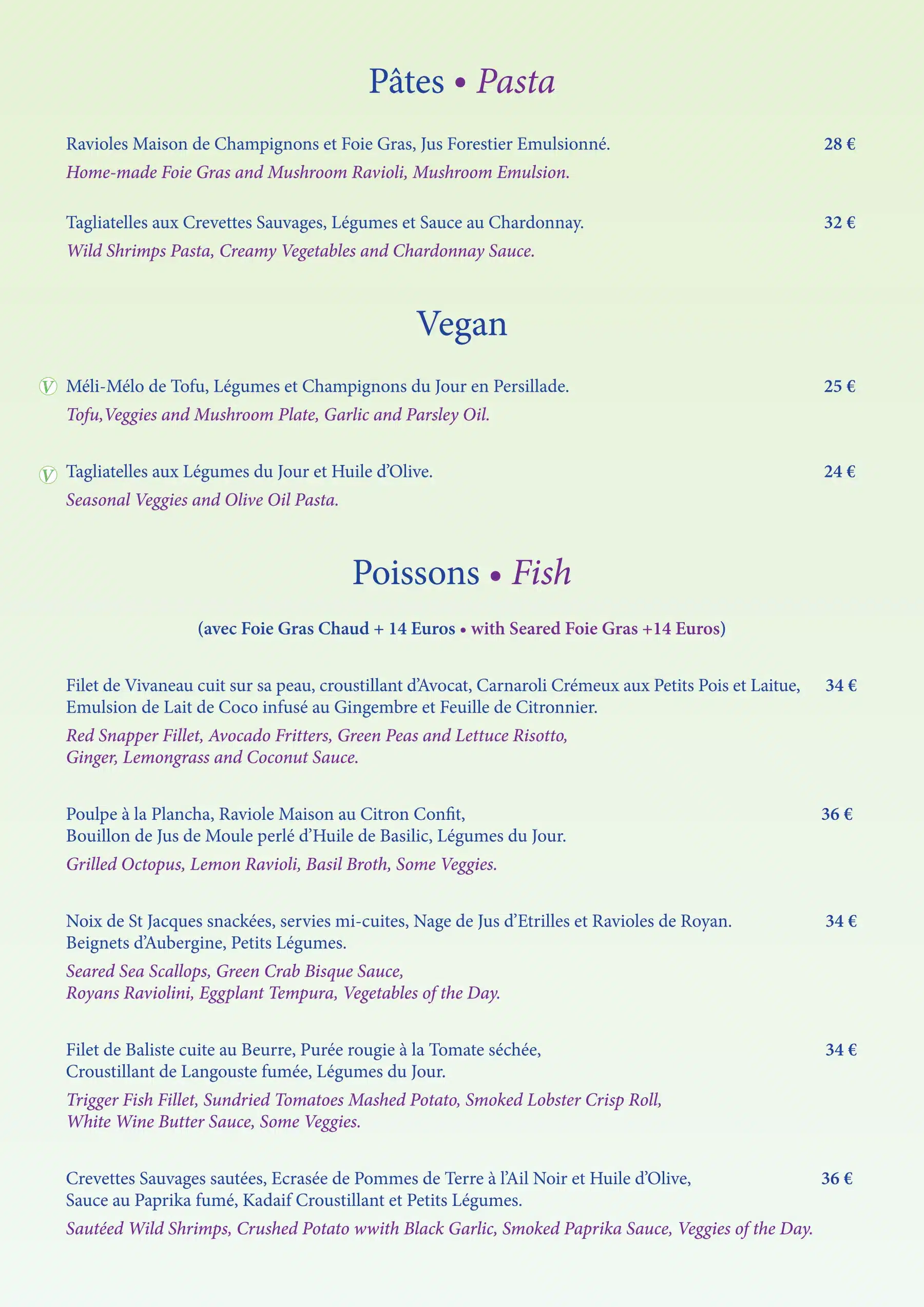 L'Astrolabe Menu -Pasta, Vegan and Fish Dishes