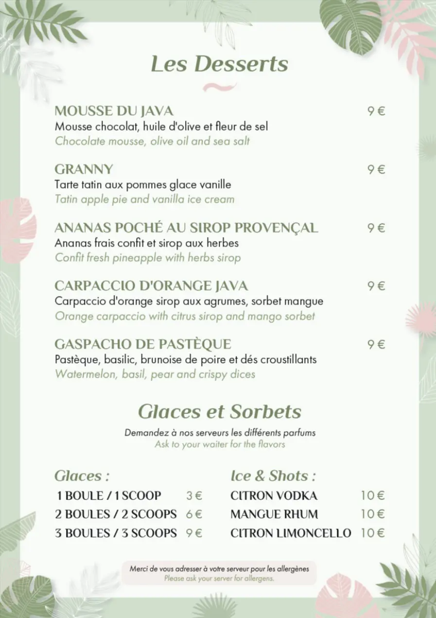 JAVA Menu - Desserts and Ice Cream