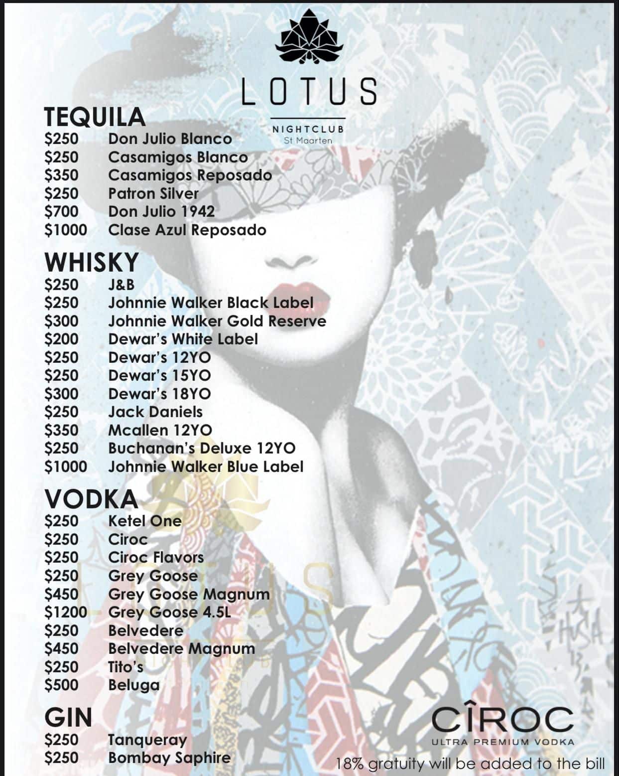 Lotus VIP Bottle Menu 2023: Tequila, Whisky, Vodka