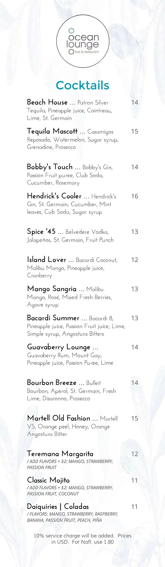 Ocean Lounge Cocktail Menu Season 2023-2024