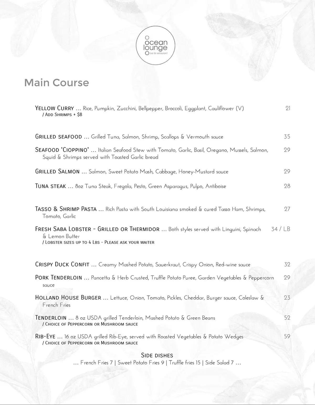 Ocean Lounge Dinner Menu - Main Courses Season 2023-2024