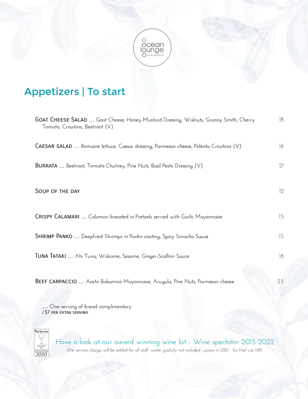 Ocean Lounge Dinner Menu Season 2023-2024