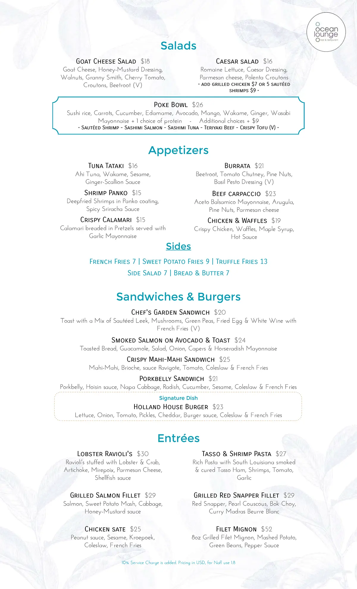 Ocean Lounge Lunch Menu - Salads, Burgers, Steaks, Fish - Season 2023-2024