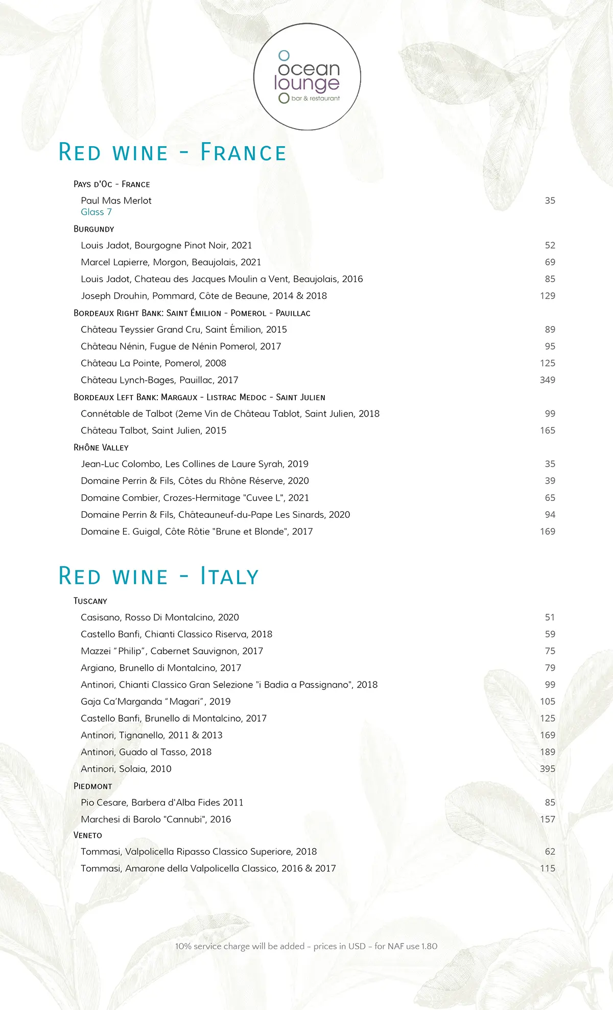 Ocean Lounge Red Wine Menu (France and Italy) Season 2024