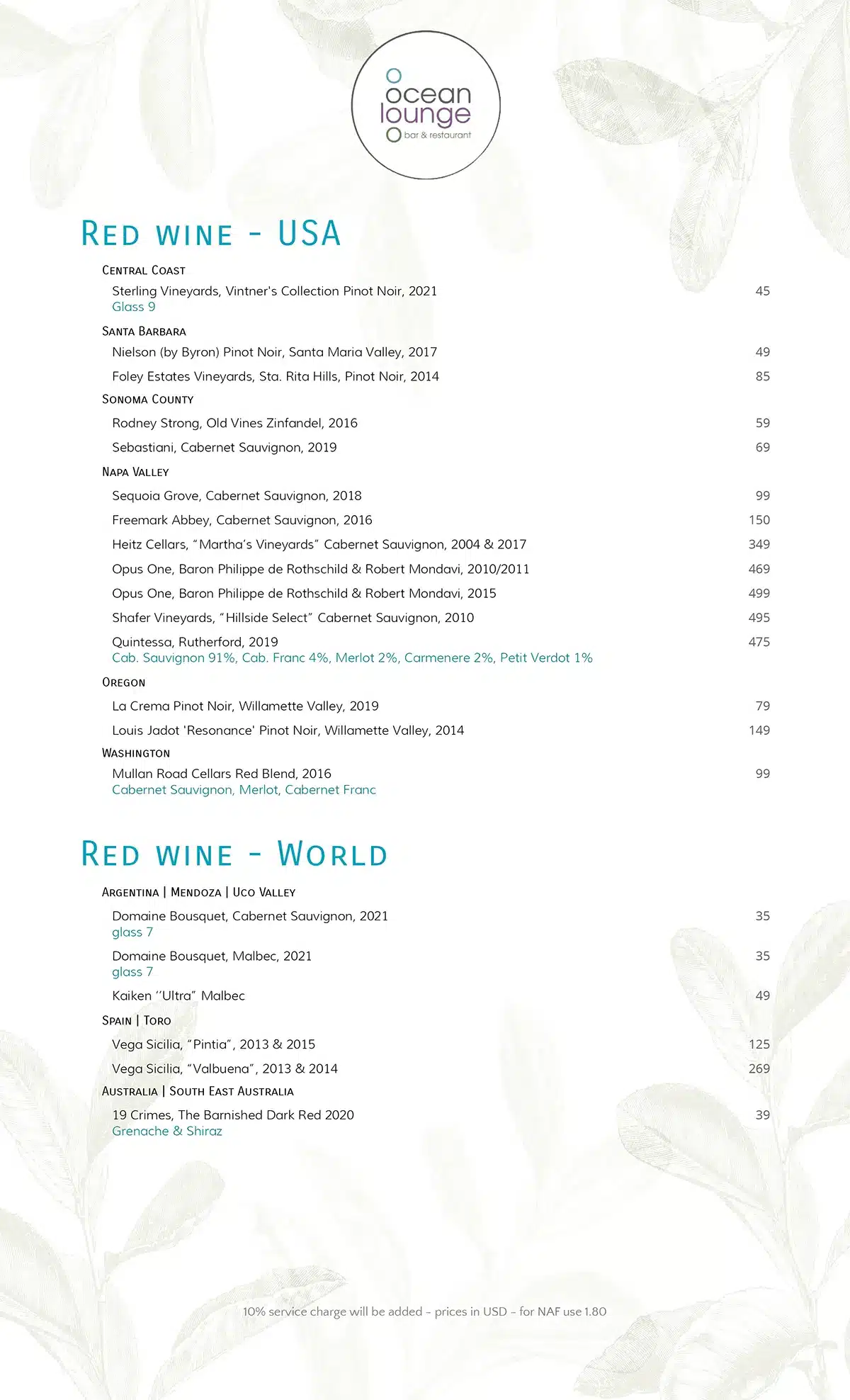 Ocean Lounge Red Wine Menu (USA and WORLD) Season 2024