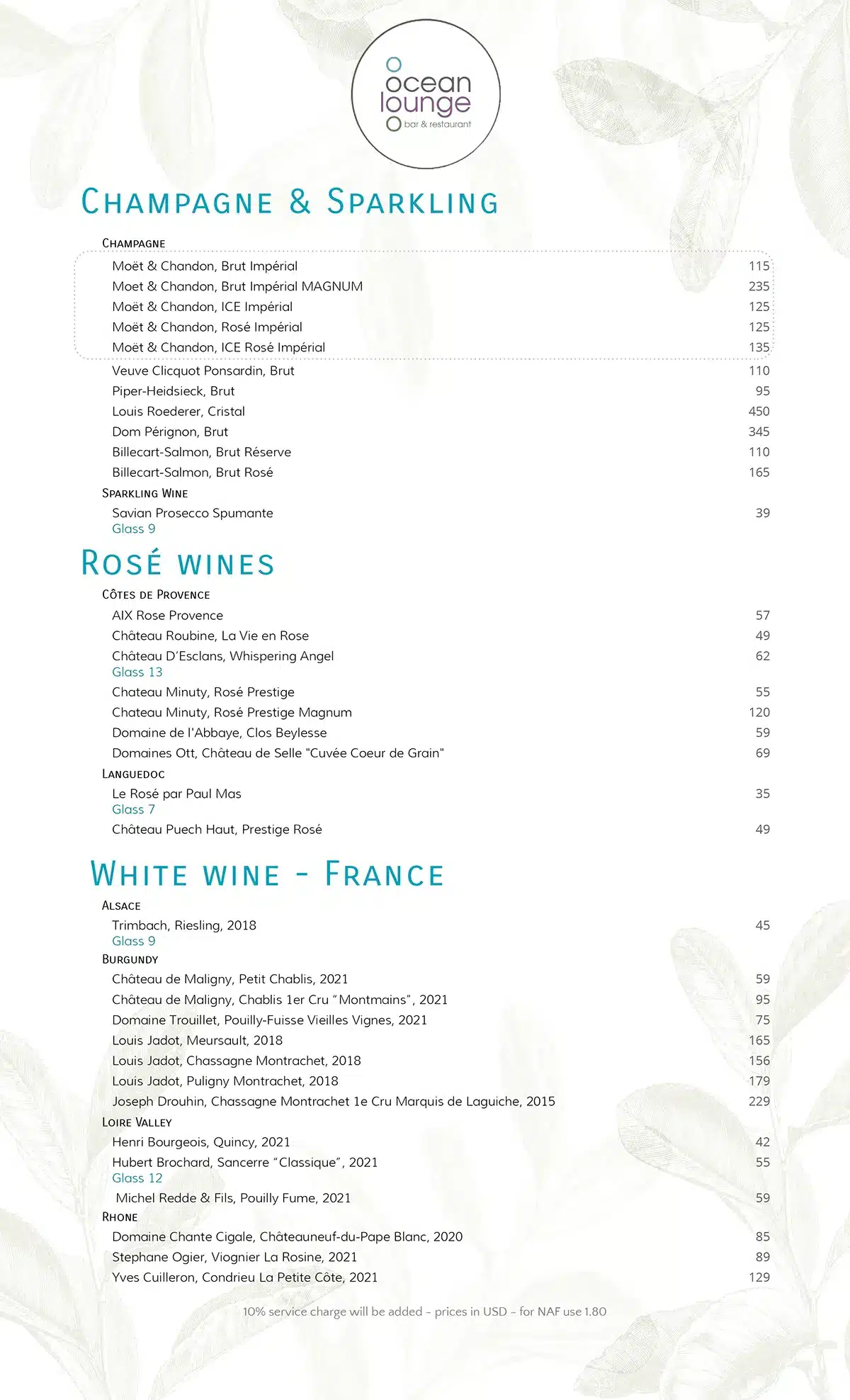 Ocean Lounge Wine and Champagne Menu Season 2023-2024