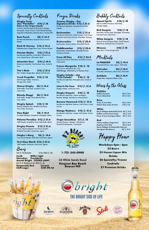 Dinghy's - D's Beach Bar Drinks menu 2024