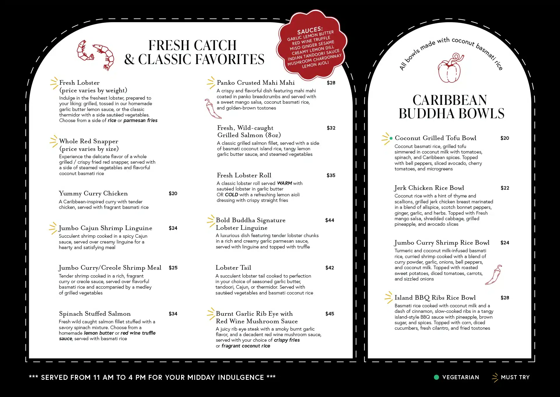 Bold Buddha 2025 - Lunch Menu Fresh Catch, Caribbean Dishes and Poke Bowls Caribbean style