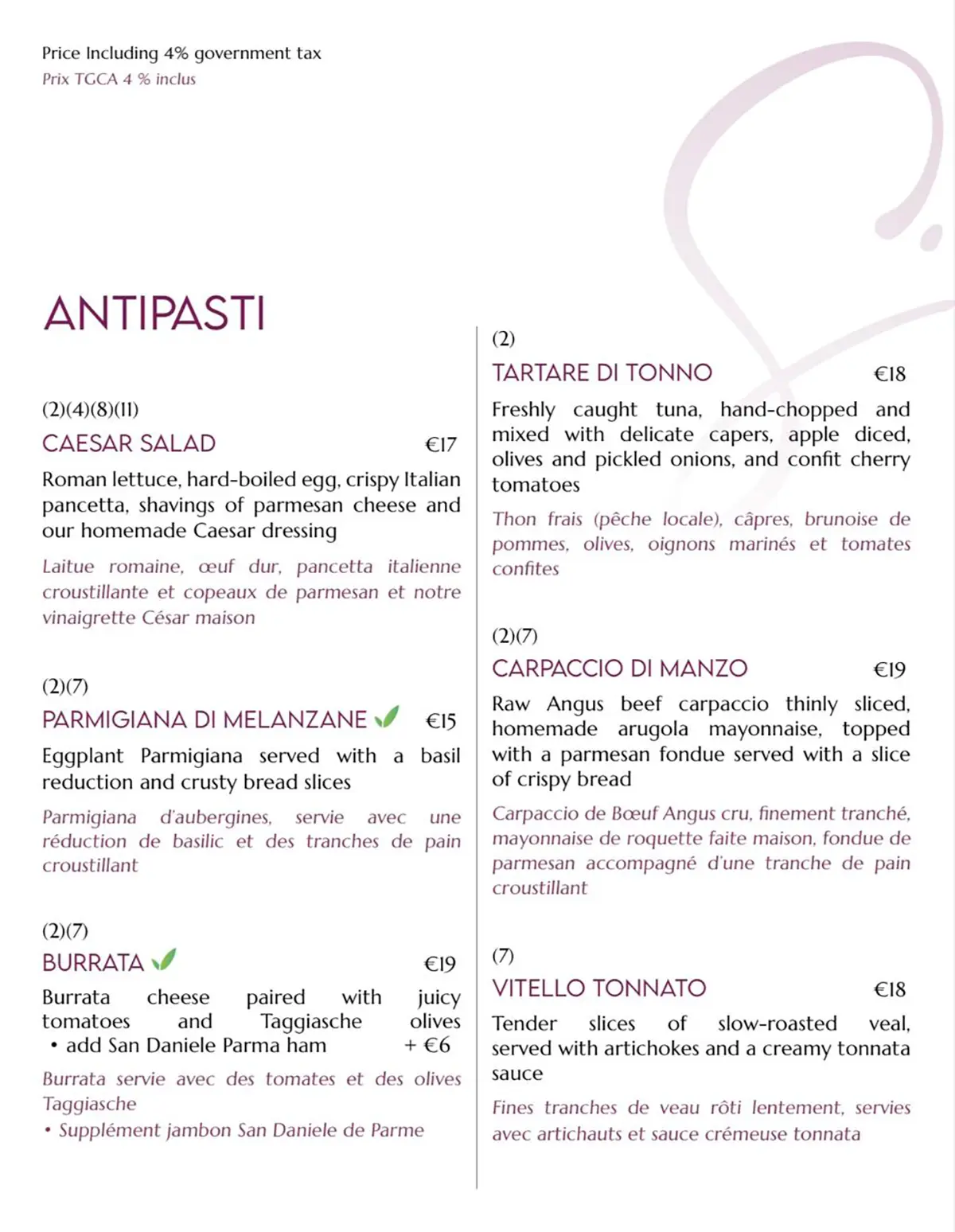 Spiga Menu 2025 Antipasti - Appetizers