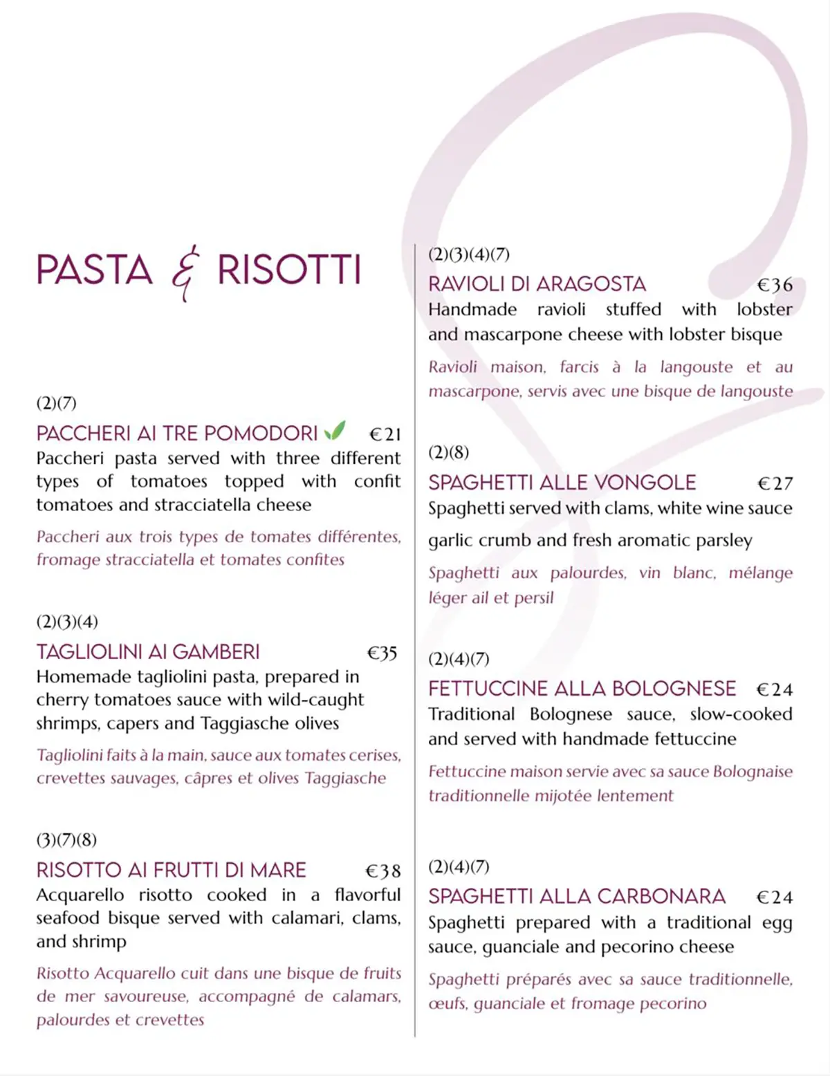 Spiga Menu 2025 Pasta and Risotto