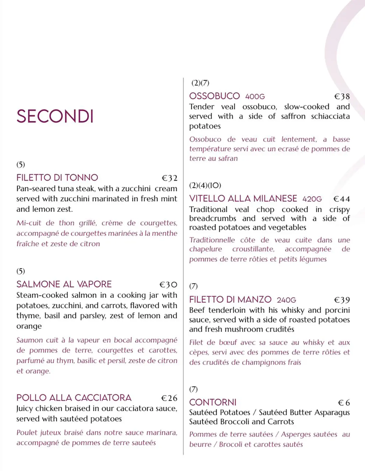 Spiga Menu 2025 Secondi, Main Courses - Meats, Fish and Vegetarian Dishes